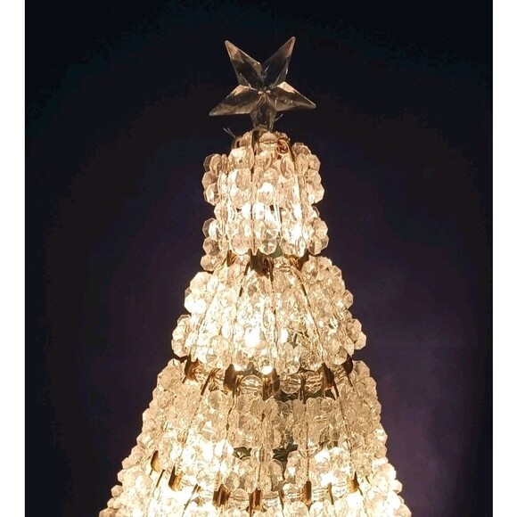 Vtg Hand Made Clear Crystal Beaded Safety Pin 11" Christmas Tree Lighted w/ Star - Picture 8 of 9